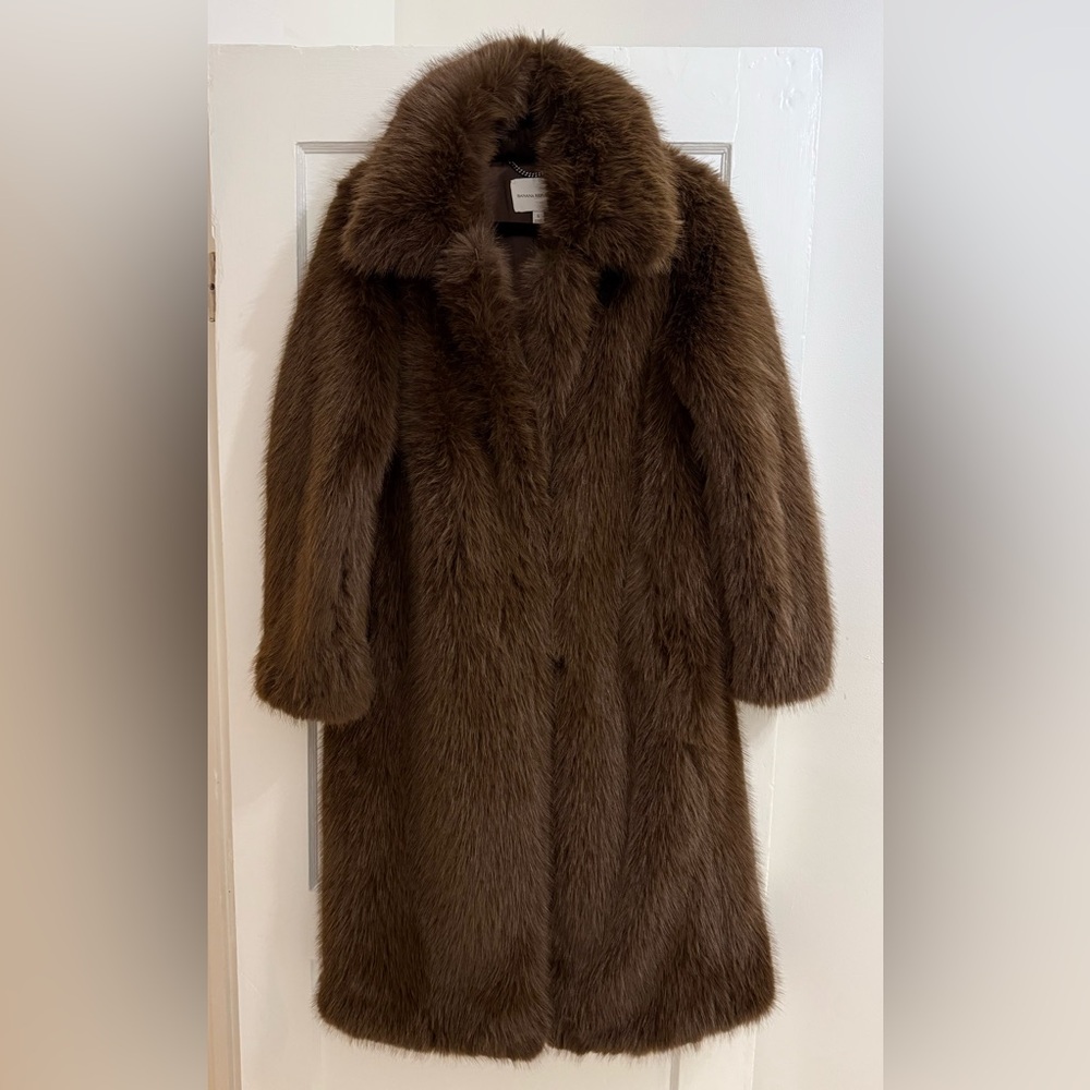 New $350 Banana Republic Faux Fur Long Brown Coat Jacket Small NWT - Picture 6 of 8